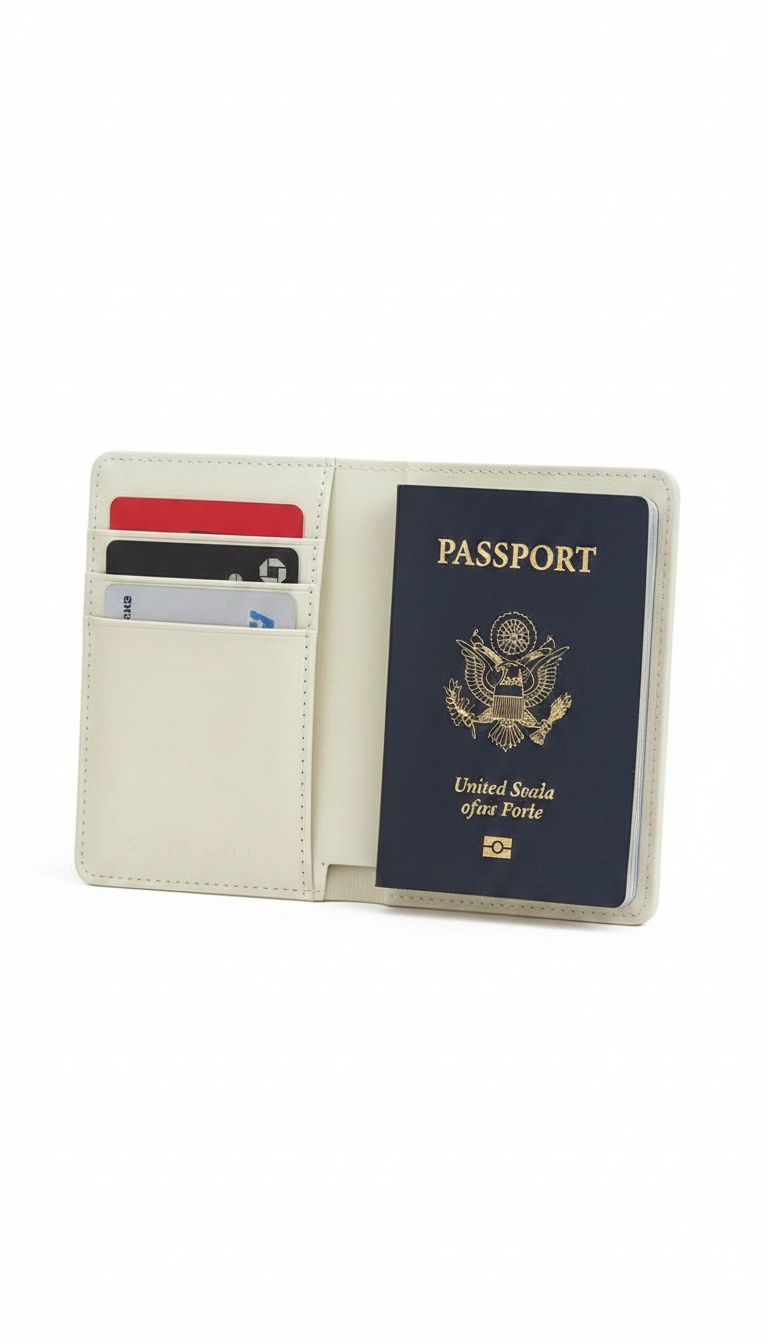 Carteira de viagem em pele vegana, aberta, com cartões e passaporte