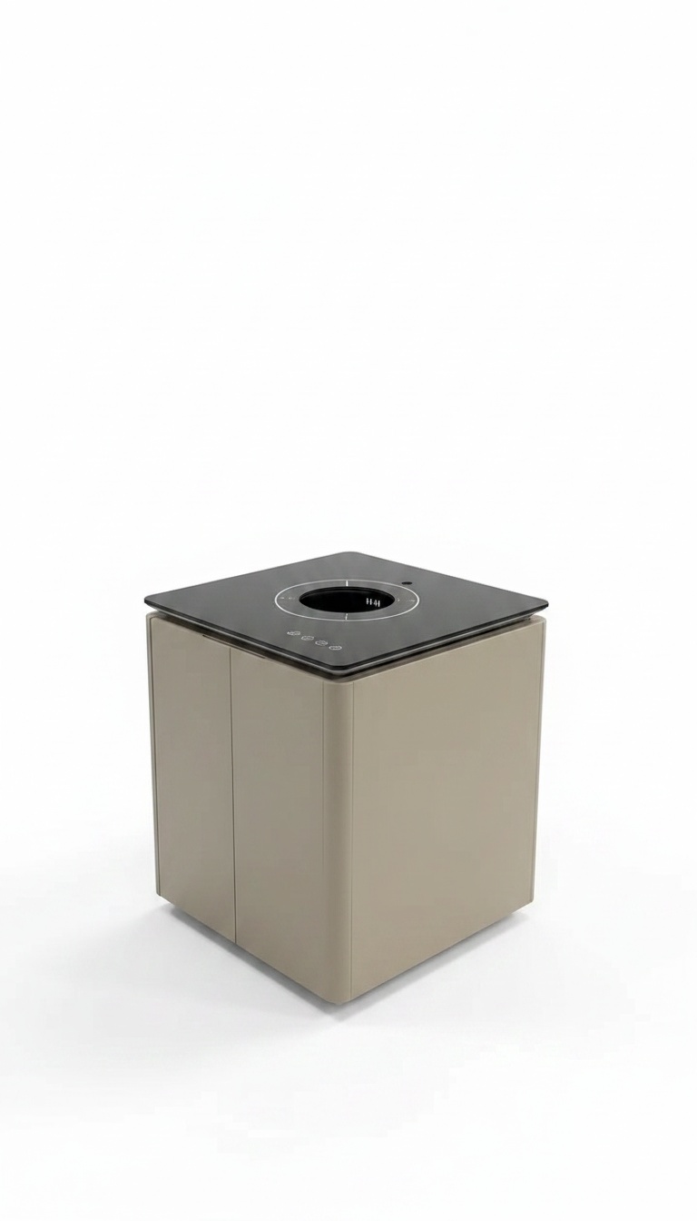 Mesa de jantar extensível fechada em formato compacto com tampo de vidro e placa integrada