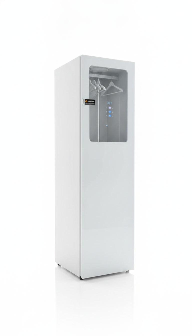 Armário de vapor para roupa em branco brilhante, com janela de vidro e painel digital