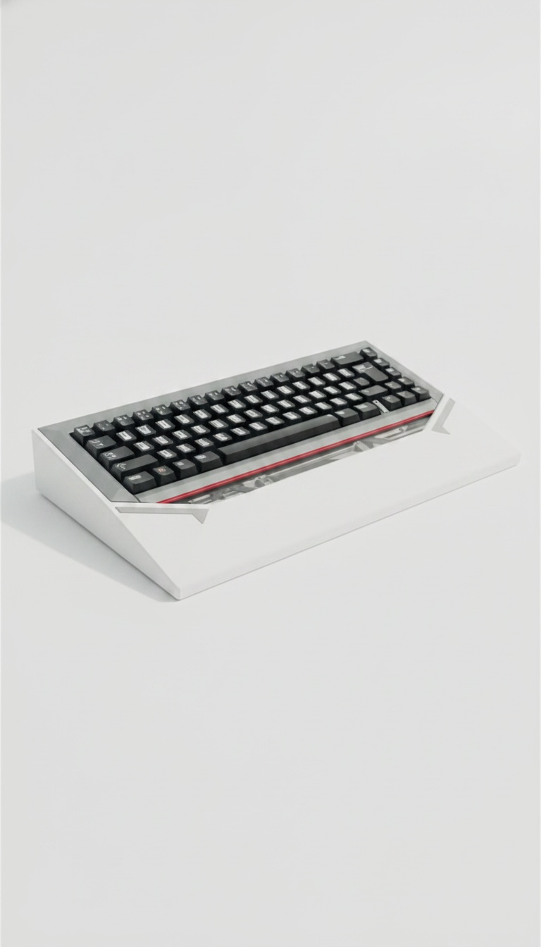 Teclado mecânico de alumínio branco com teclas pretas em fundo claro