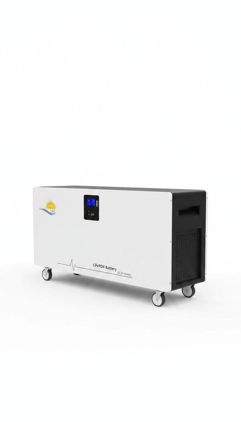 Bateria doméstica de lítio LiFePO4 51,2V 400Ah branca com rodas e ecrã