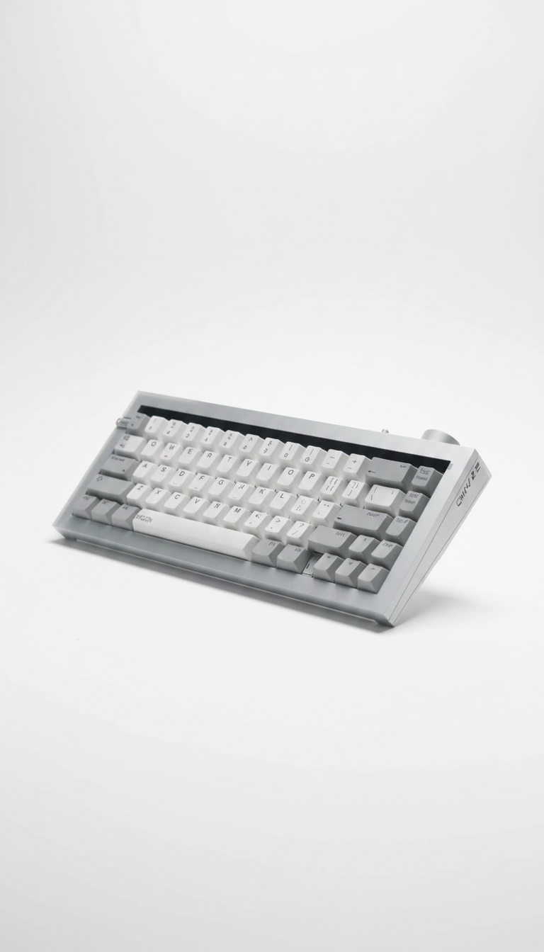 Teclado mecânico translúcido branco, vista de três quartos sobre fundo claro