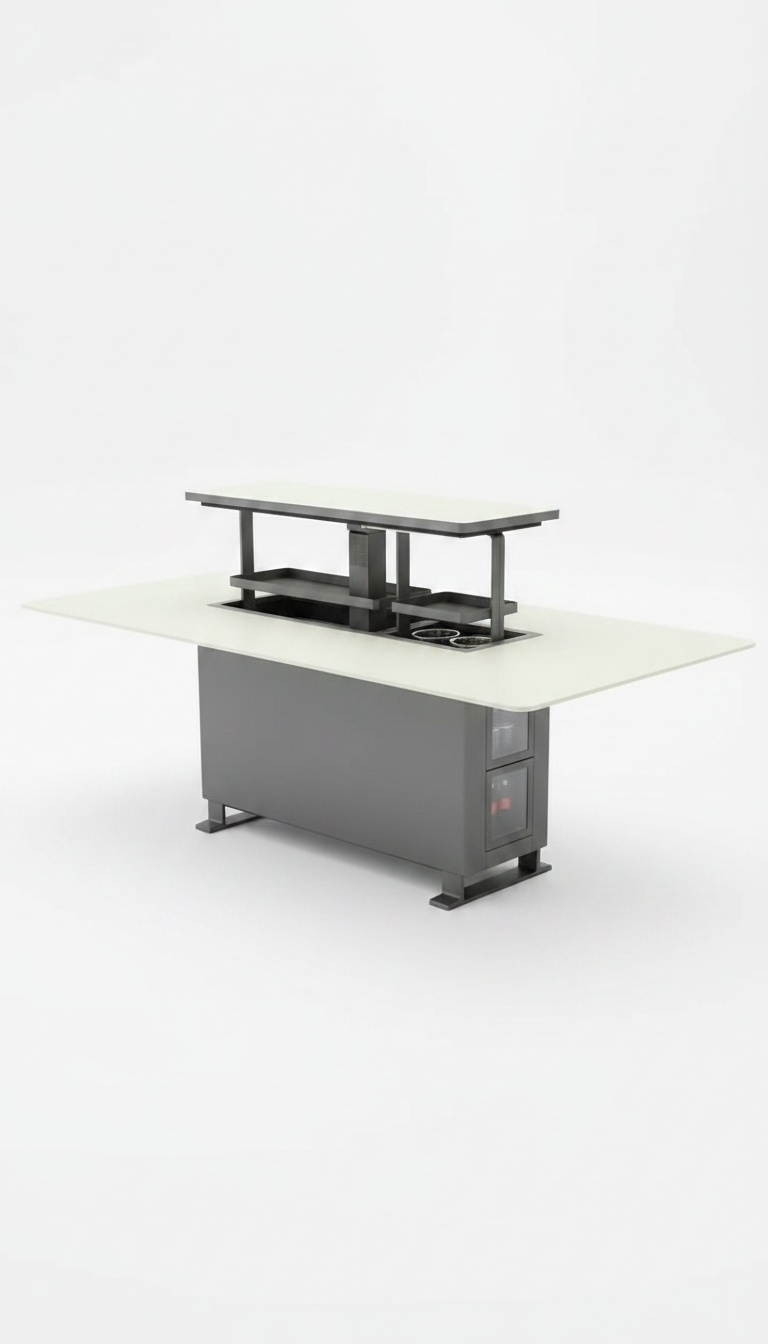 Mesa de jantar com tampo elevatório central erguido a formar bancada de bar