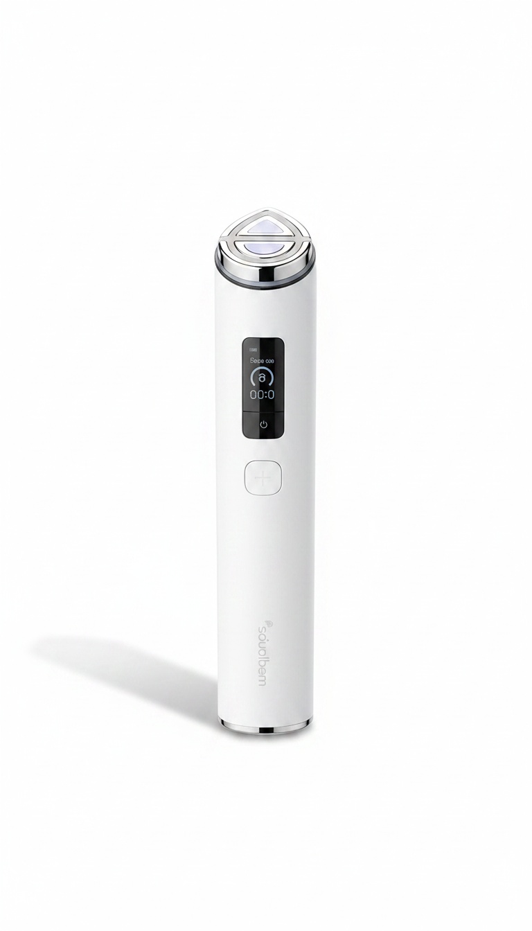 Aparelho facial de lifting branco com cabeça de tratamento metálica e ecrã