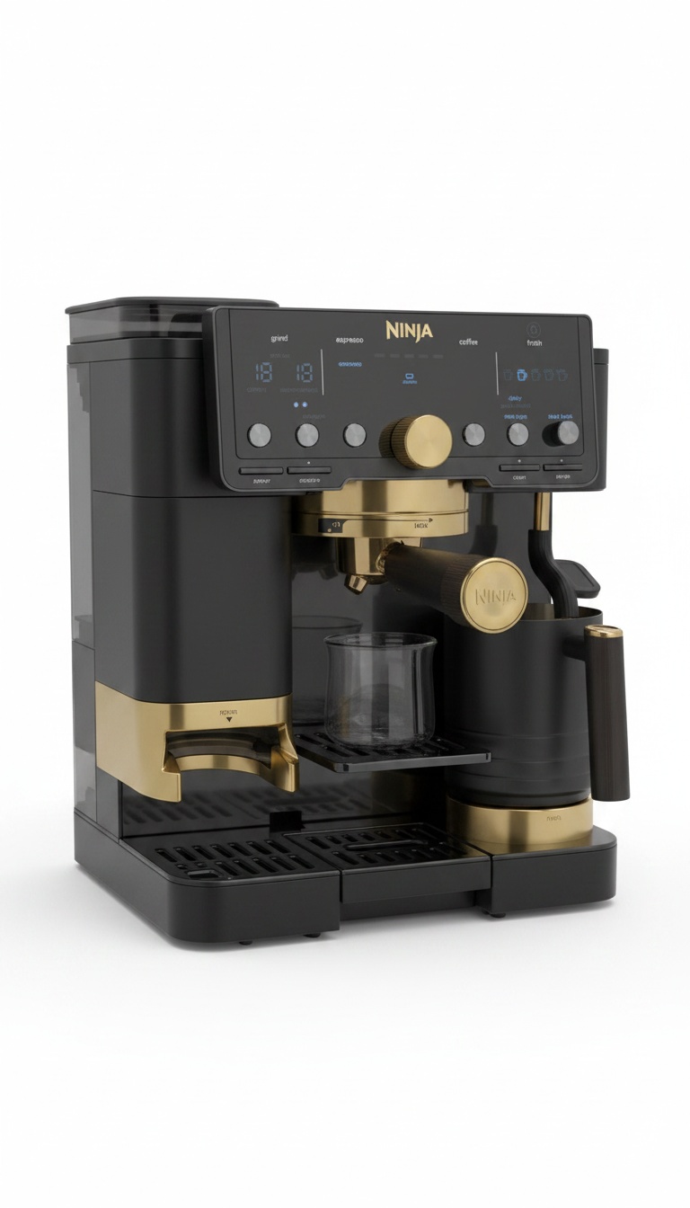 Máquina de café espresso preta e dourada com moinho e vaporizador de leite