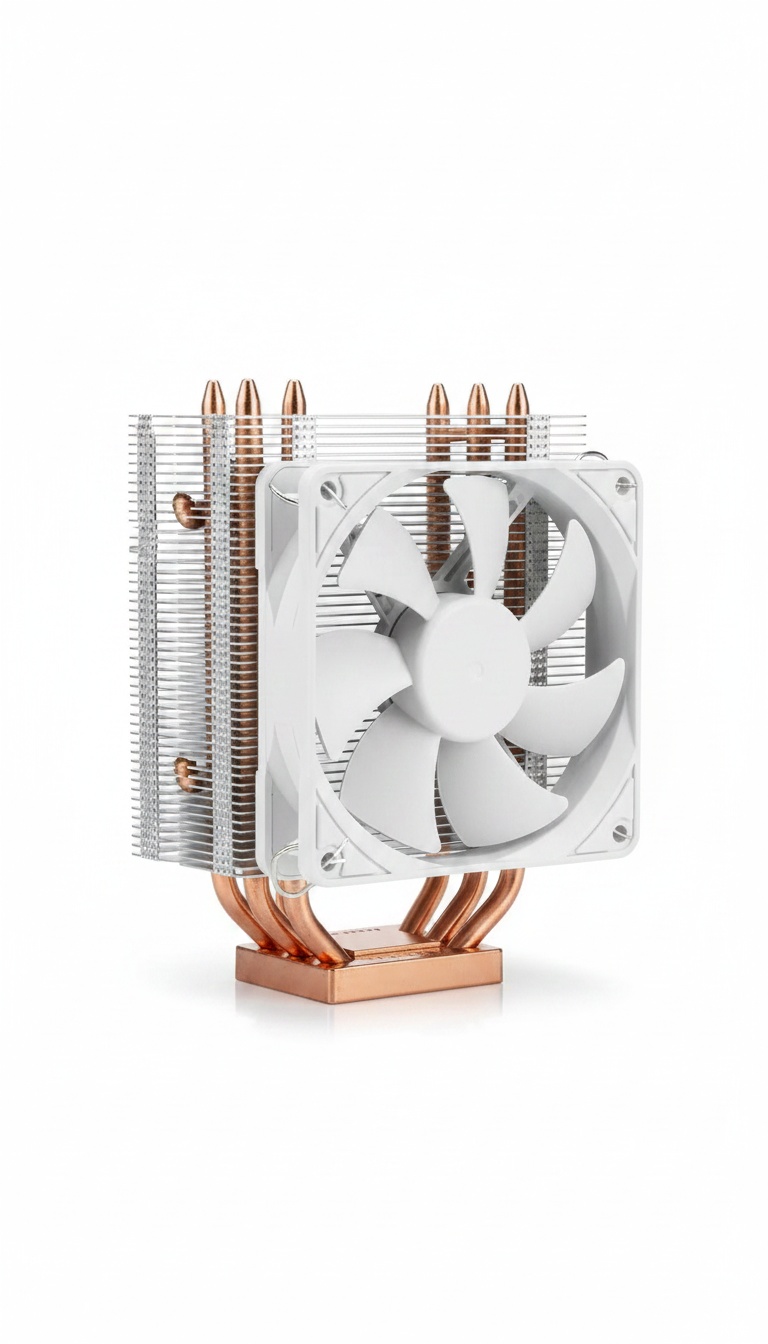 Cooler de CPU em torre branco com ventoinha 120mm e tubos de cobre, sobre fundo claro