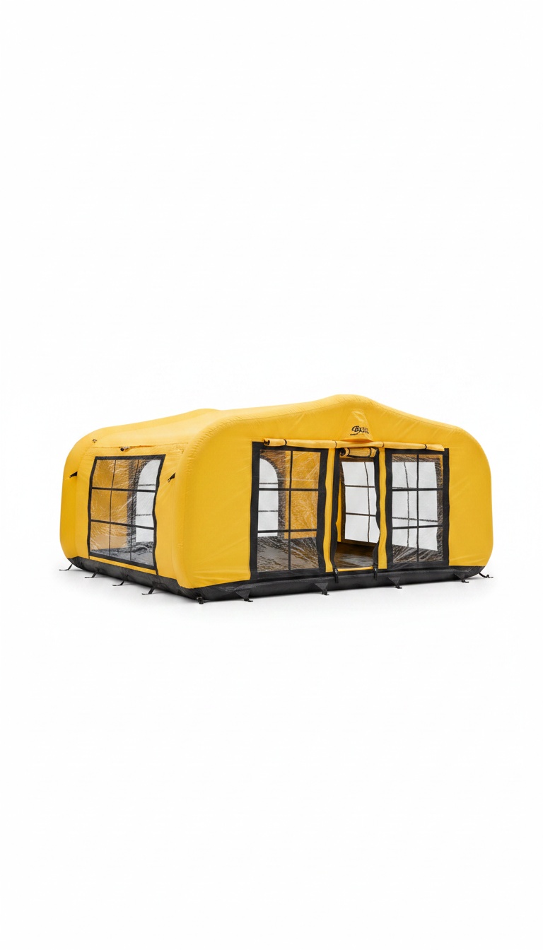 Tenda insuflável de campismo amarela com janelas transparentes vista de três quartos