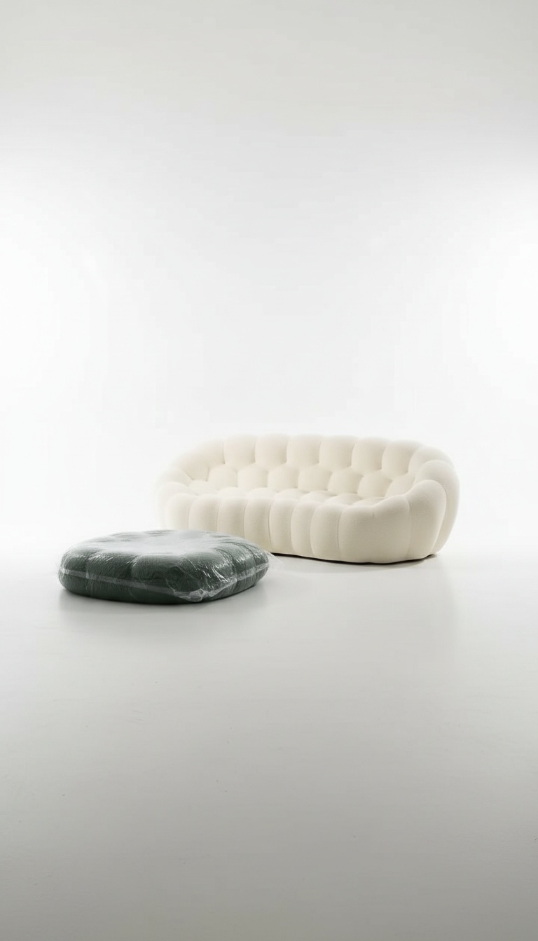 Sofá modular de design arredondado em tecido cor marfim