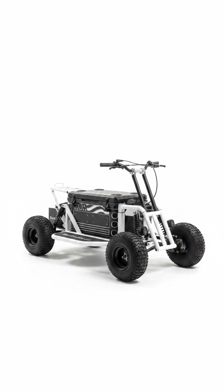 Mini buggy elétrico off-road branco com cooler integrado, vista frontal de três quartos