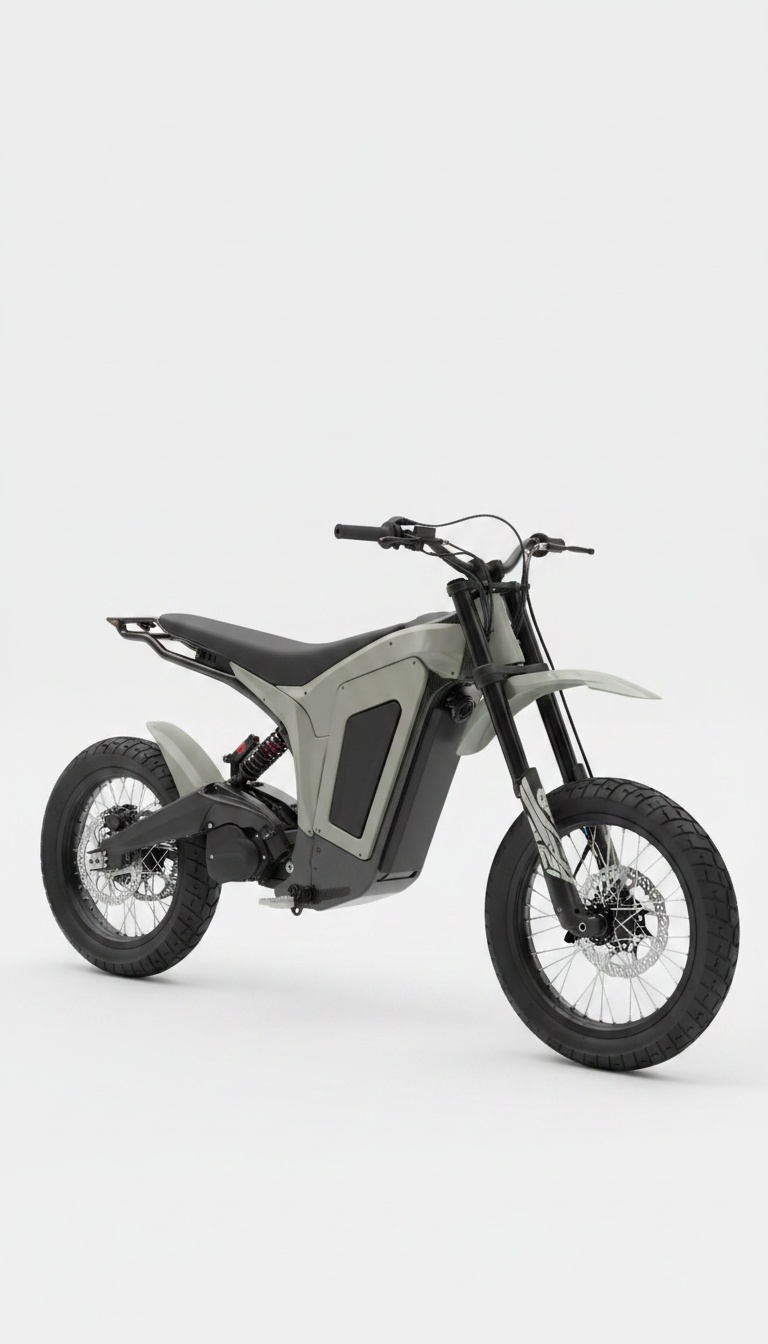 Mota elétrica off-road cinzenta vista de três quartos sobre fundo claro