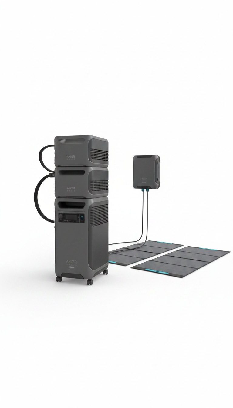 Central de energia modular empilhável de cor cinzento-escuro com painel solar dobrável