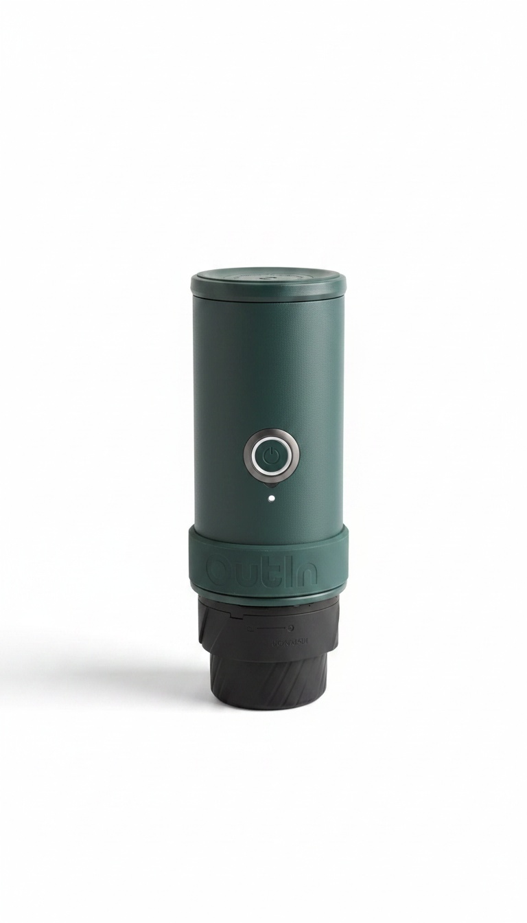 Máquina de café expresso portátil verde sobre fundo claro