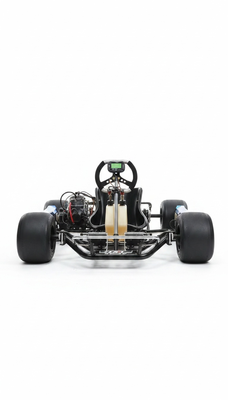 Vista frontal do kart com para-choques e linha baixa