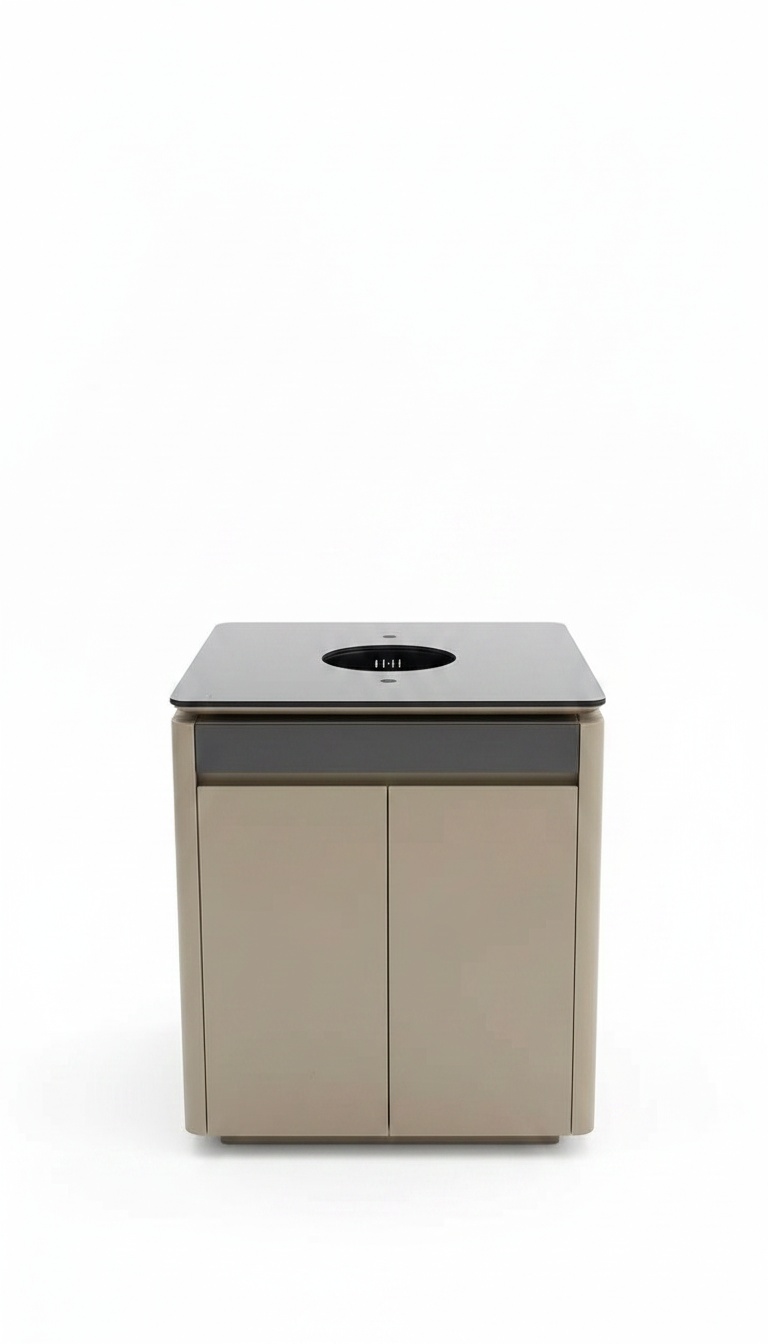 Mesa fechada em bloco compacto, vista frontal, tampo de vidro escuro