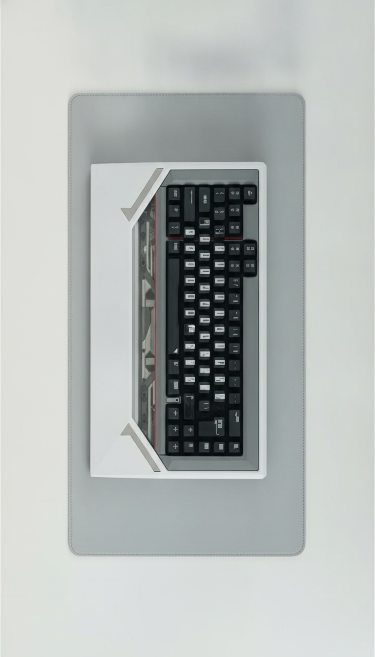 Vista frontal do teclado mecânico de alumínio sobre a secretária