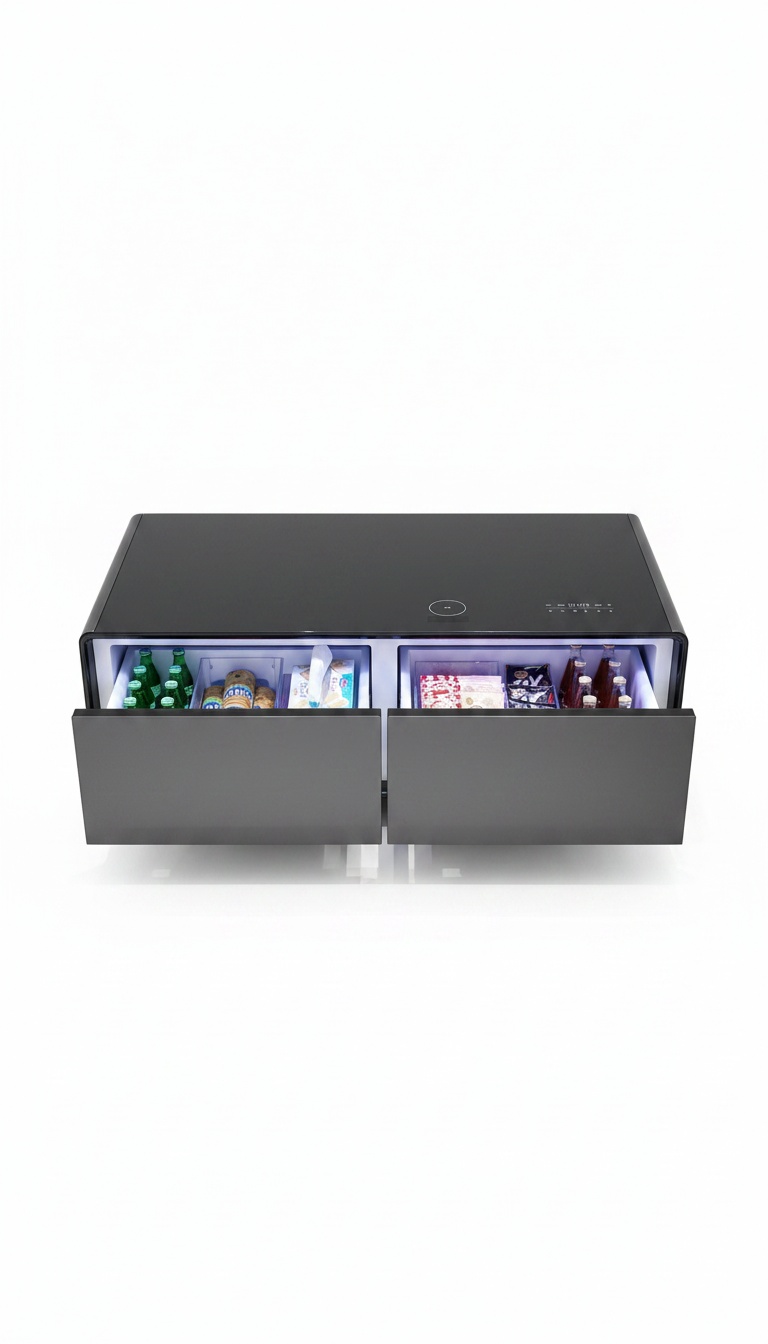 Mesa de centro frigorífica vista de frente com tampo em vidro preto