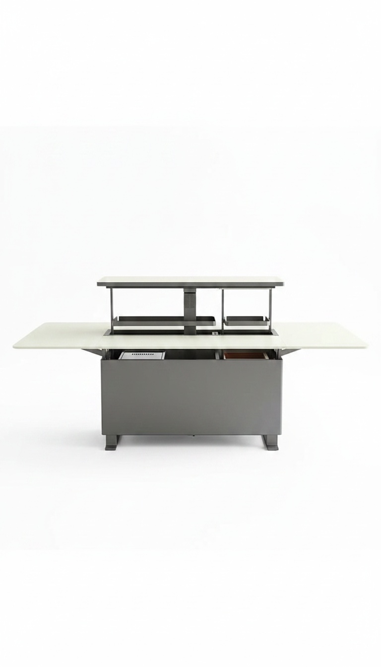 Vista frontal da mesa de jantar com mecanismo elevatório central