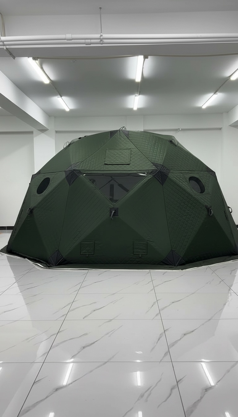 Vista frontal da tenda com janelas e porta com fecho