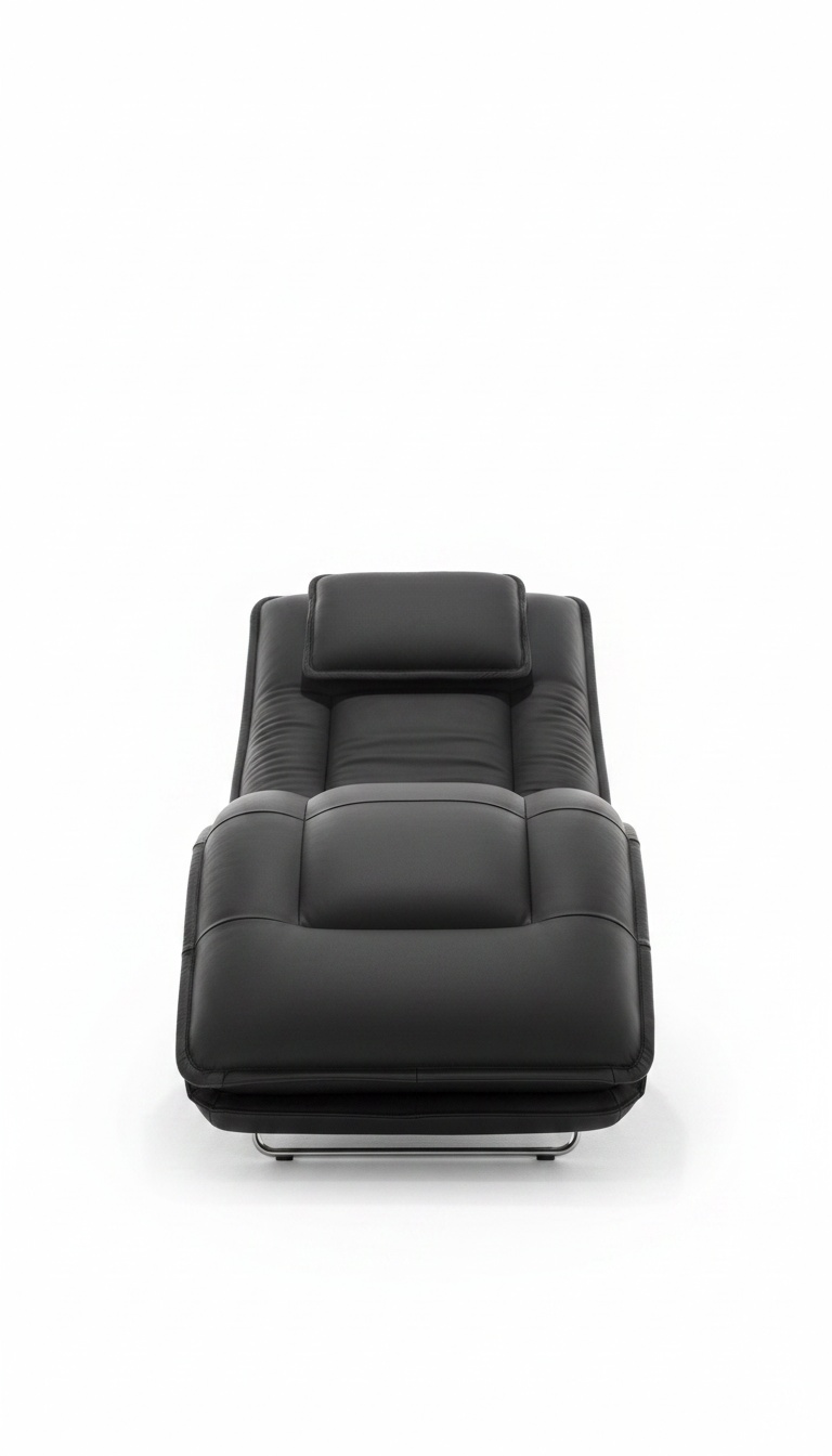 Vista frontal da chaise longue preta com apoio de cabeça