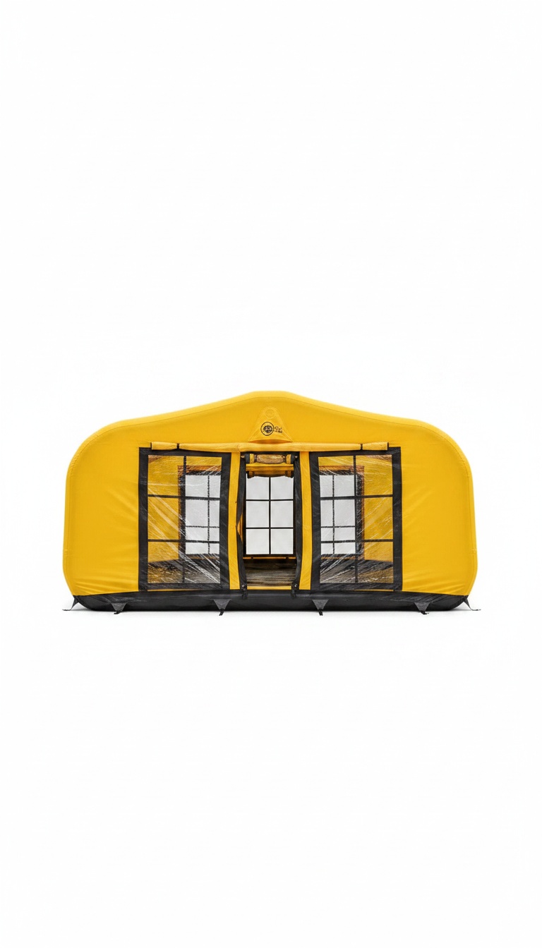 Vista frontal da tenda insuflável amarela com porta e janelas