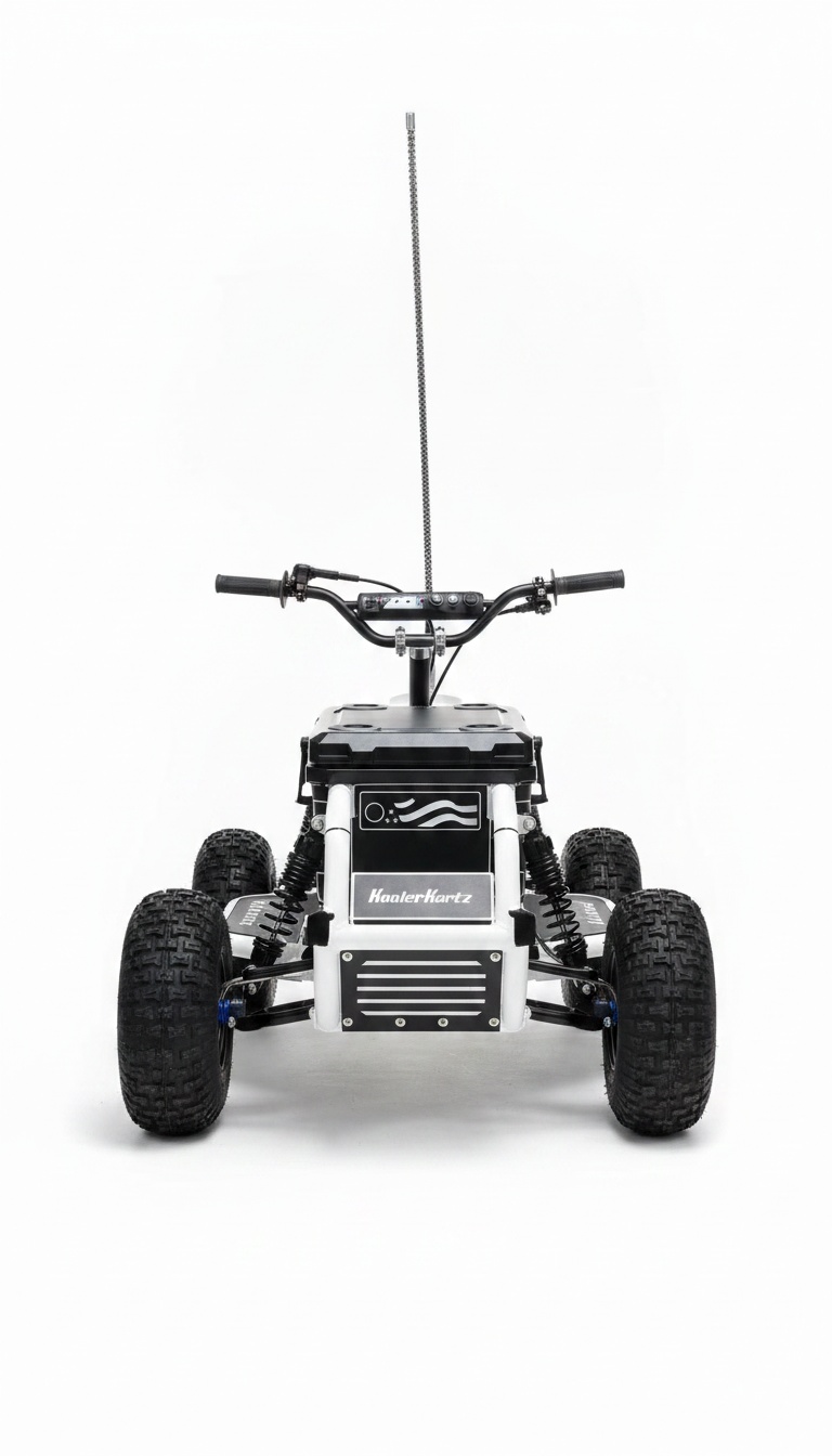 Vista frontal do mini buggy elétrico com guiador de moto e farol