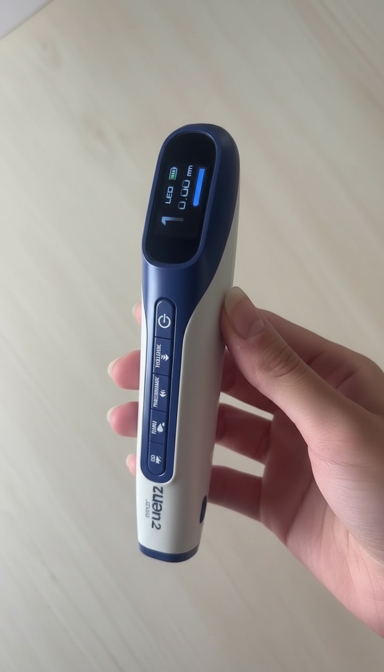 Caneta vista de baixo a mostrar o corpo ergonómico