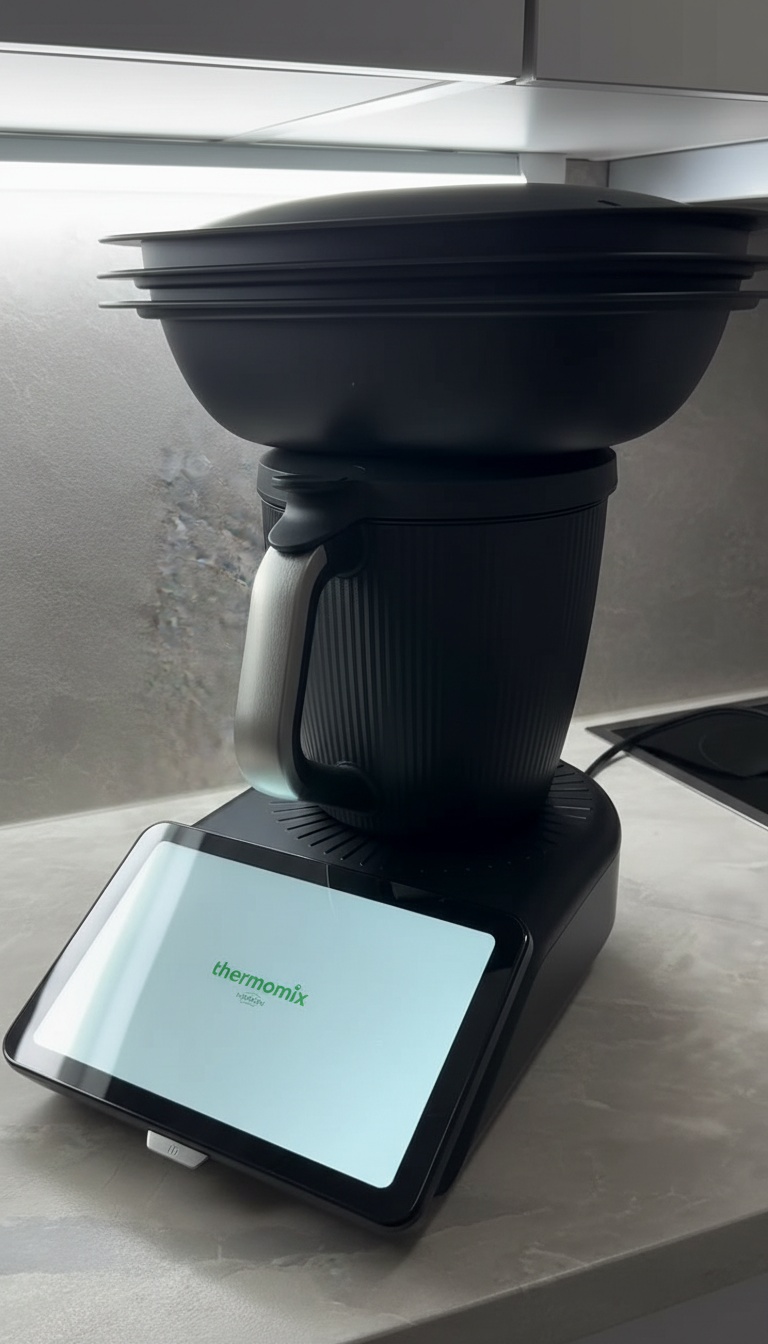 Cesto de vapor encaixado em cima do robô de cozinha