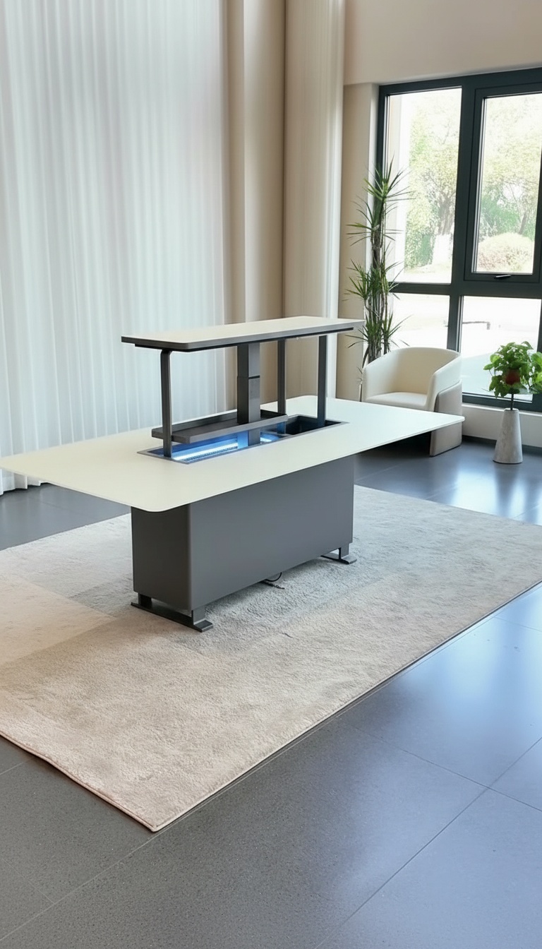 A mesa em uso ao jantar, com pratos e copos sobre o tampo