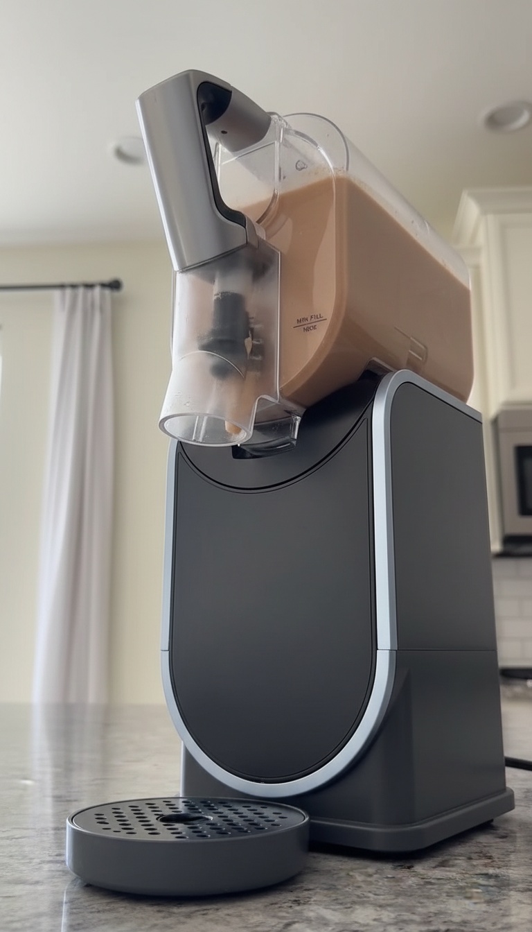 Máquina de bebidas geladas compacta vista de baixo, com aspeto premium na bancada