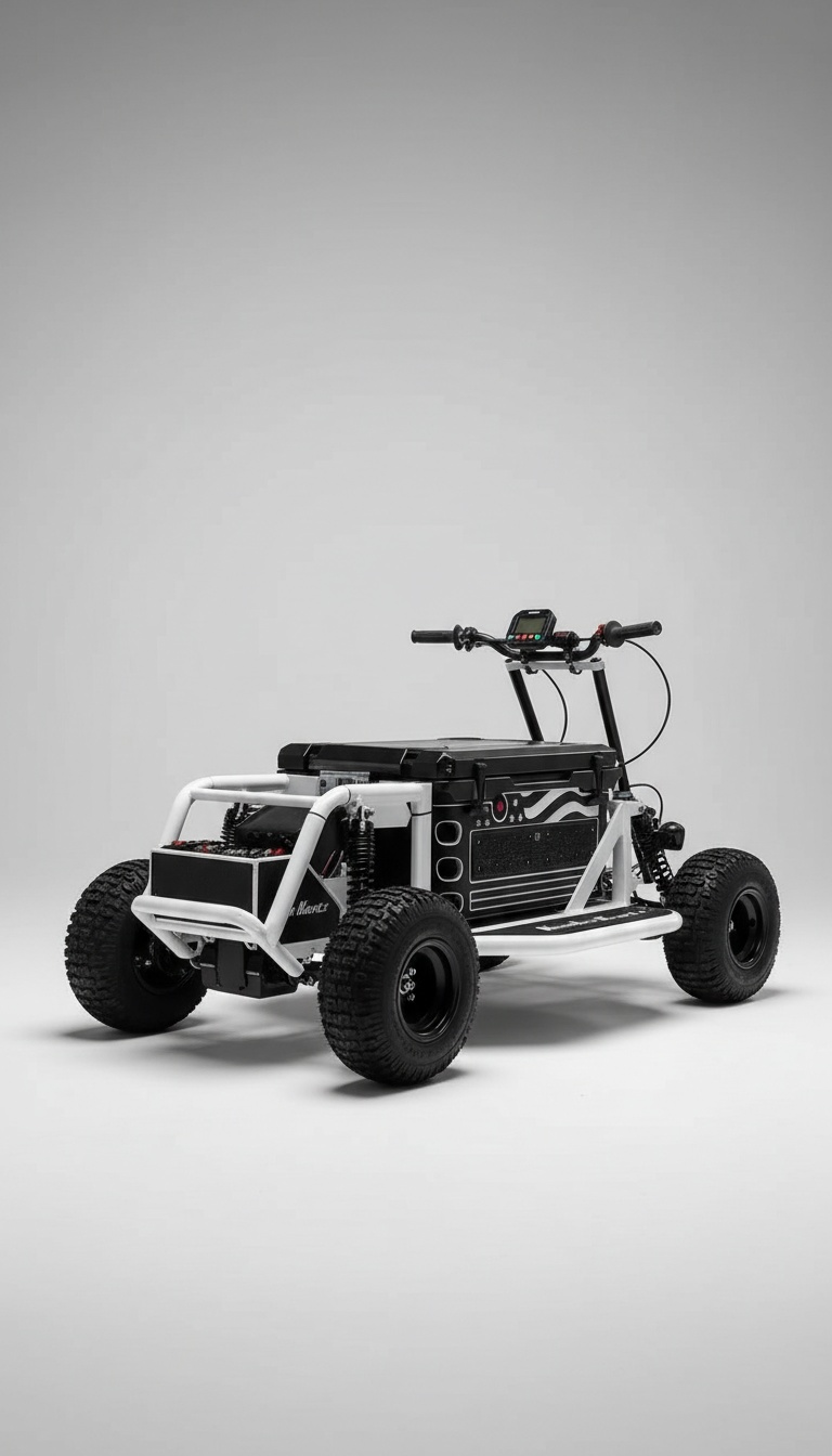Ângulo baixo heróico do mini buggy elétrico a mostrar a estrutura tubular