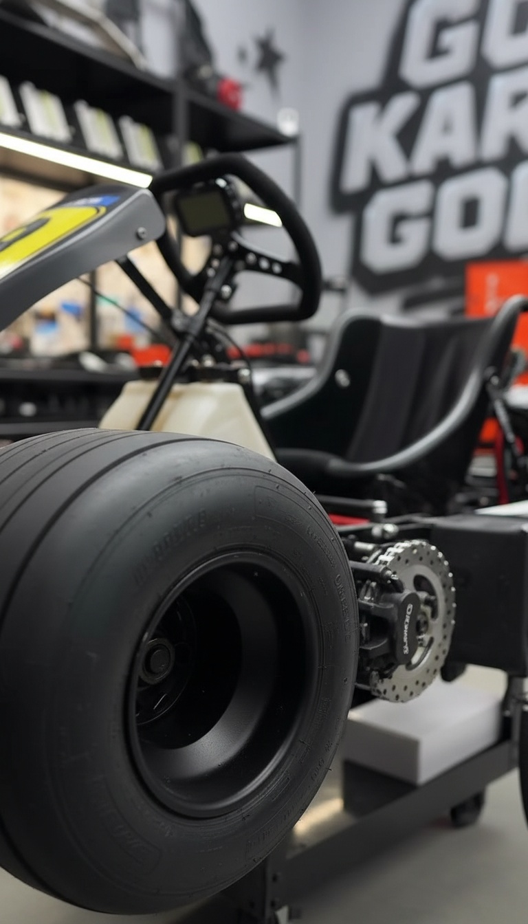 Pormenor macro do pneu slick e jante do kart