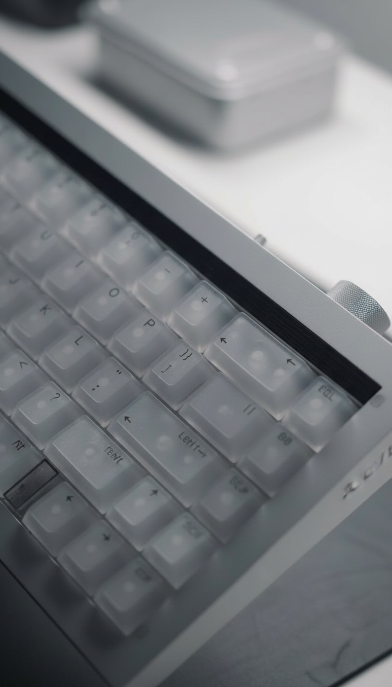 Macro das teclas translúcidas com luz a passar pelo corpo do teclado