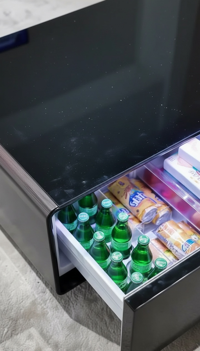 Pormenor da gaveta refrigerada com luz interior