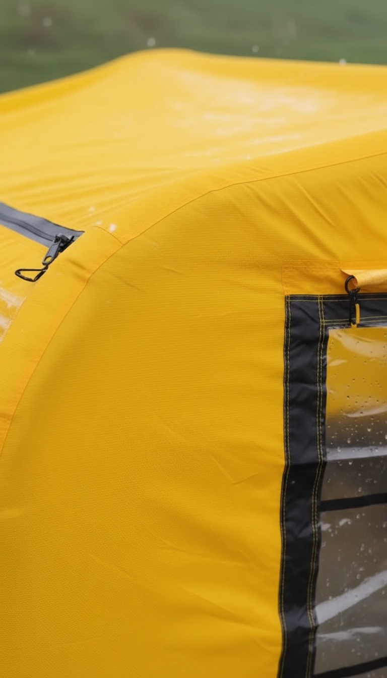 Pormenor do tecido reforçado e costuras da tenda