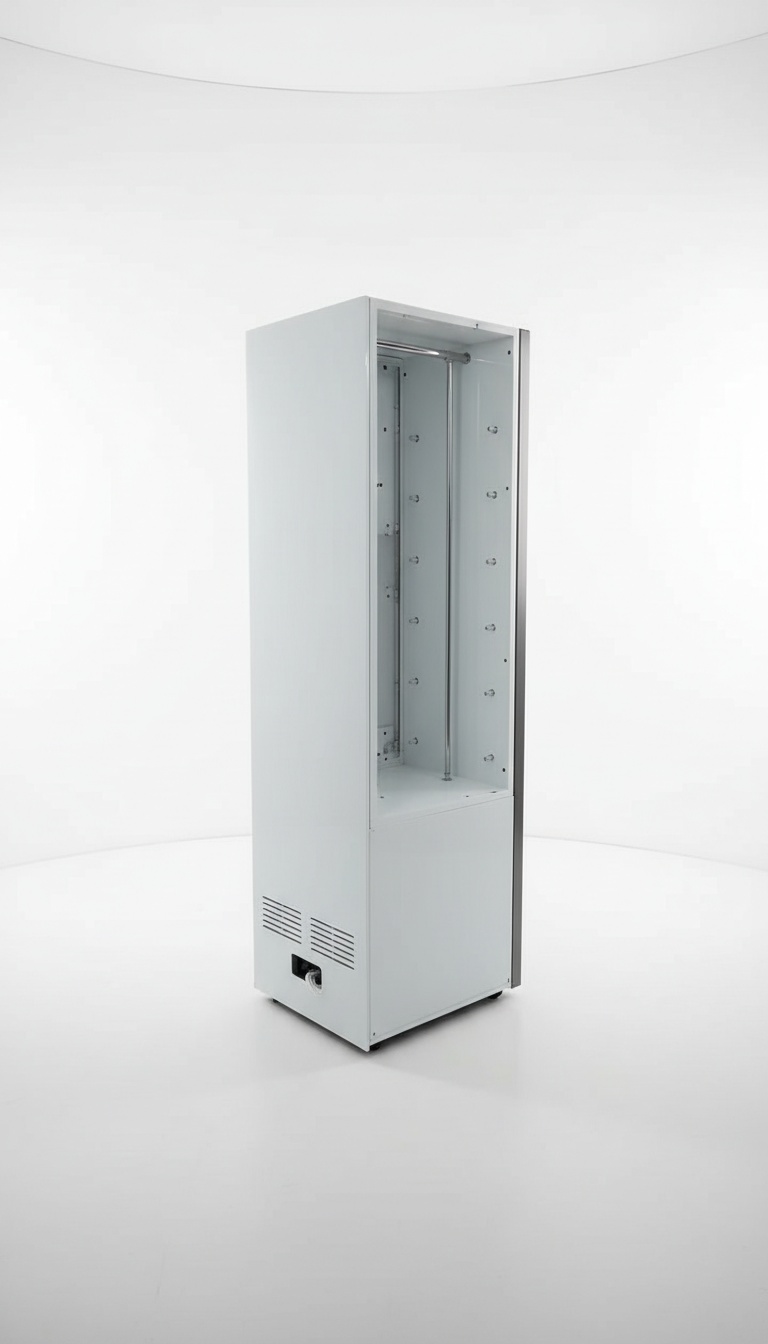 Vista de três quartos do armário de vapor branco fechado