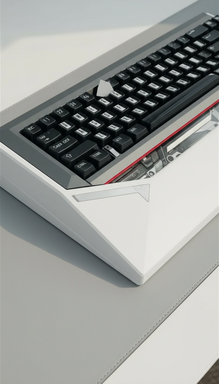 Vista a três quartos do teclado mecânico de alumínio