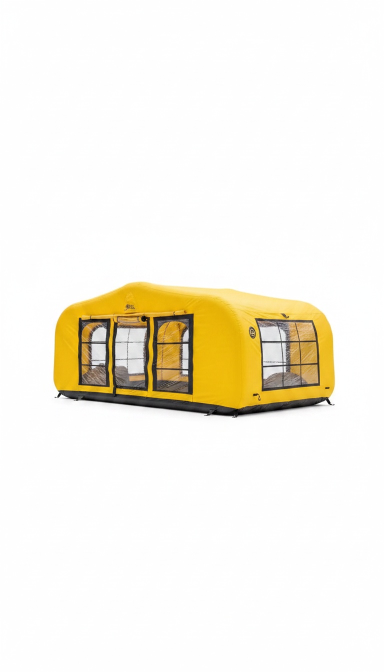 Tenda insuflável vista de três quartos a mostrar o volume interior