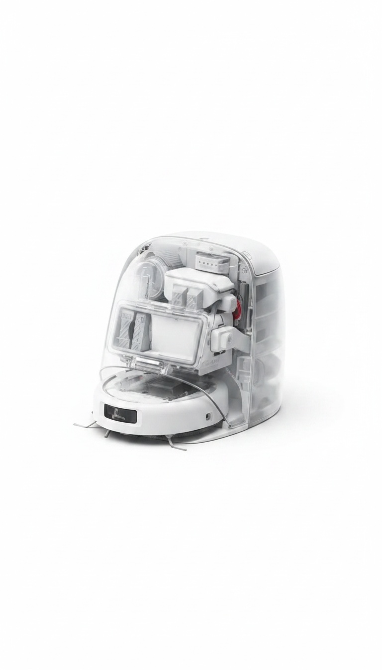 Robô aspirador visto em ângulo a mostrar o formato compacto
