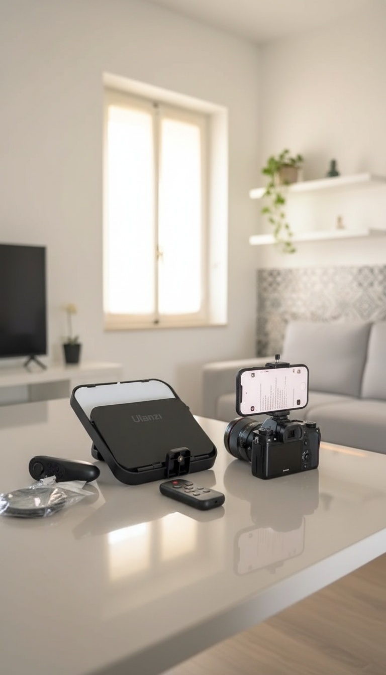 Teleprompter em uso numa mesa de trabalho com telemóvel