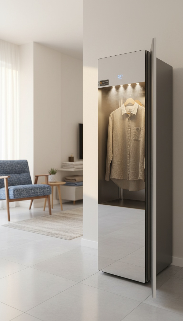 Armário de vapor para roupa num ambiente de quarto moderno