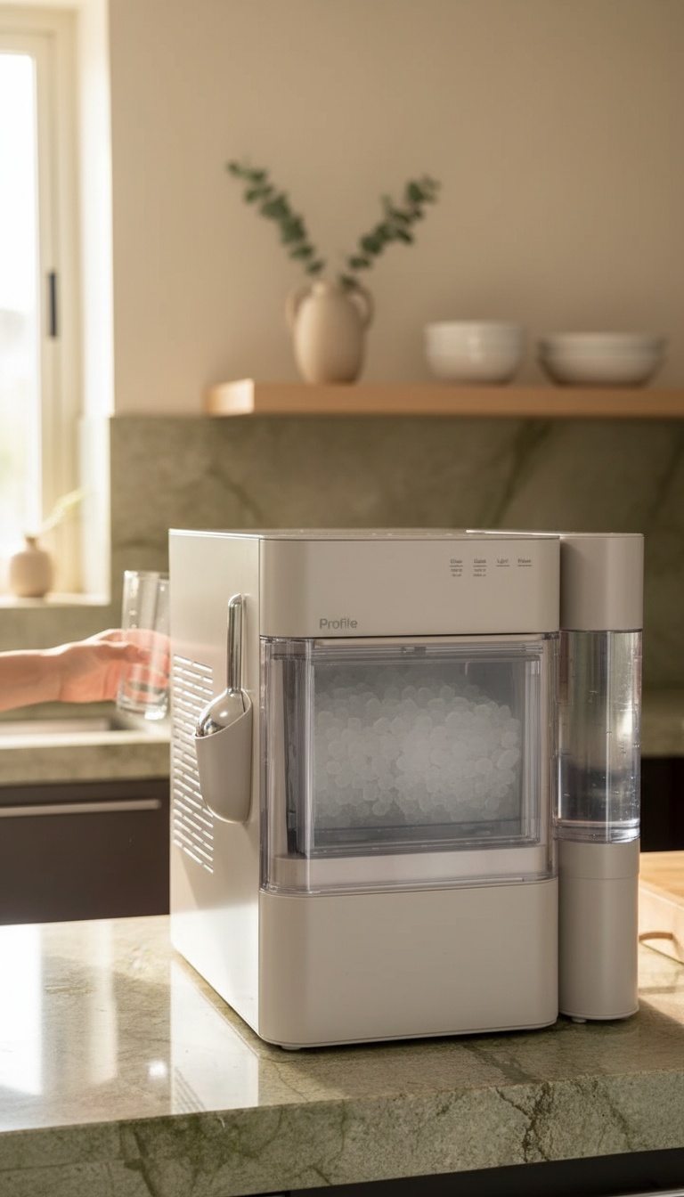 A máquina de gelo a fazer parte do ambiente de uma cozinha real
