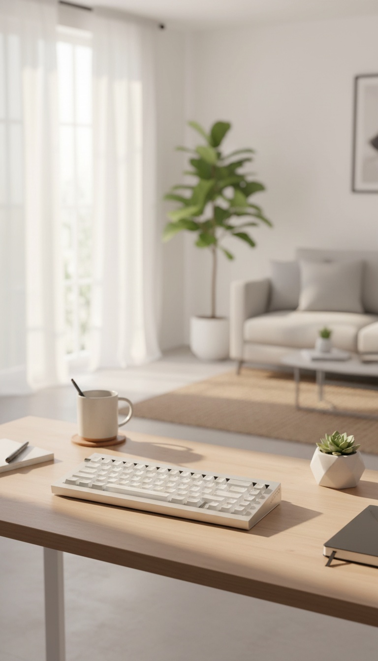 Teclado translúcido em ambiente de secretária moderna e arrumada