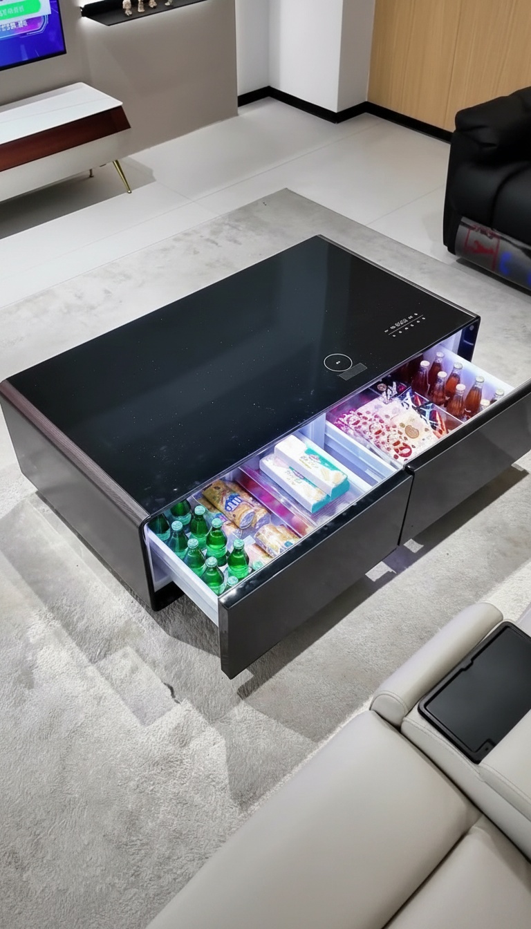 Mesa de centro frigorífica numa sala de estar moderna