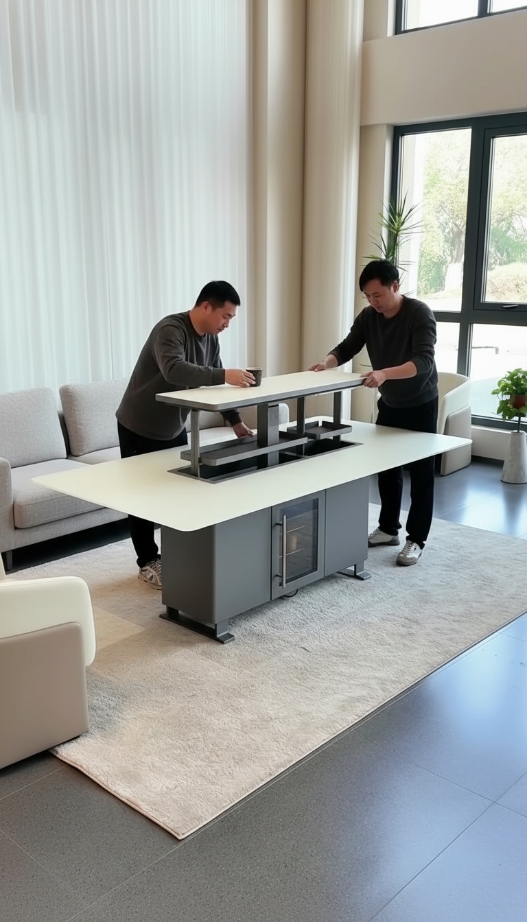 Sala de jantar moderna com a mesa elevatória ao centro