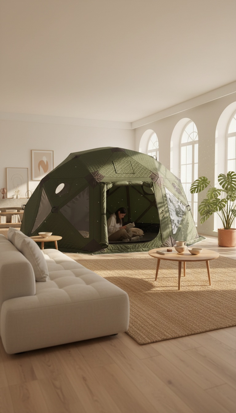 Tenda iglu montada num ambiente amplo