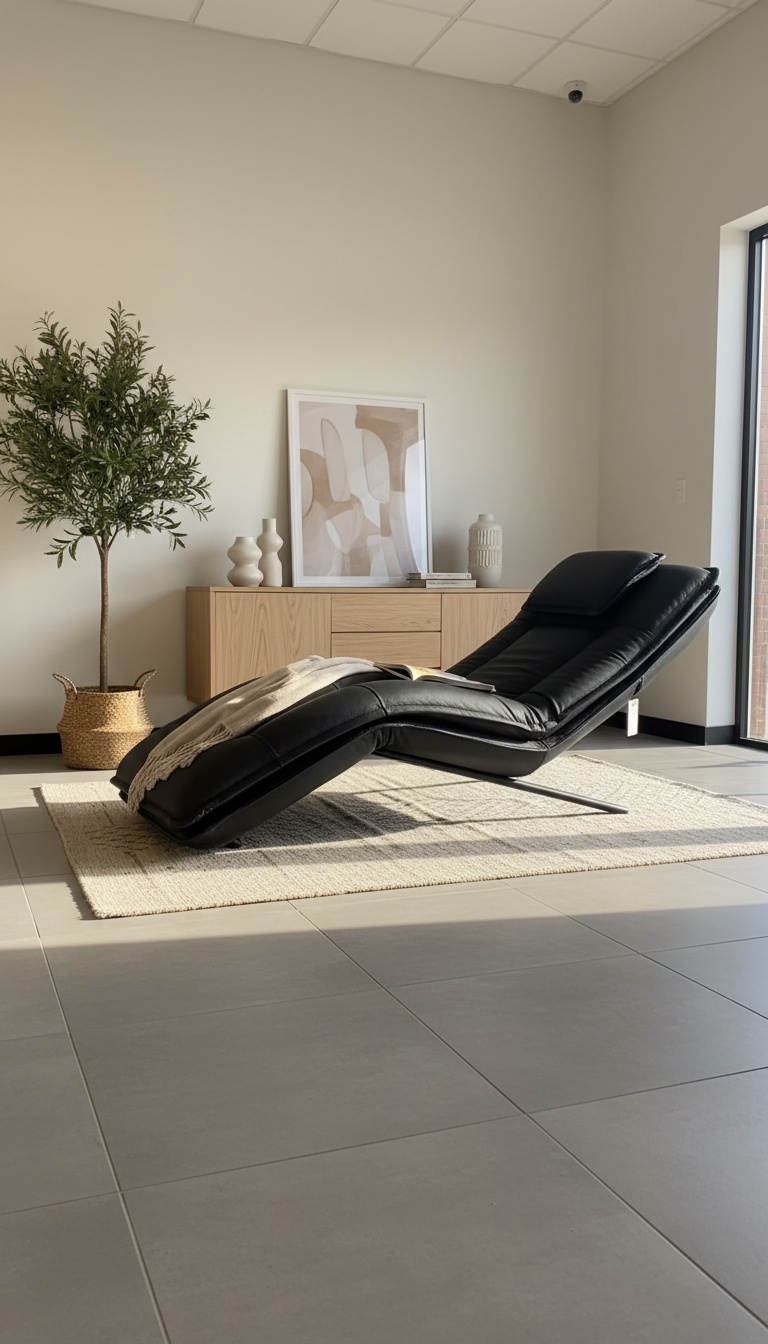 Chaise longue preta integrada num ambiente de sala moderno