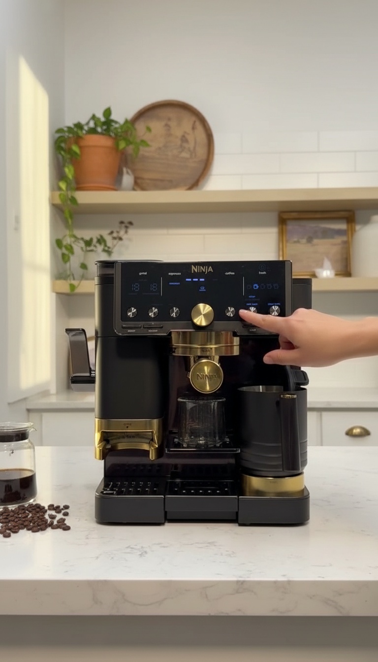 Máquina de café espresso preta e dourada numa bancada de cozinha
