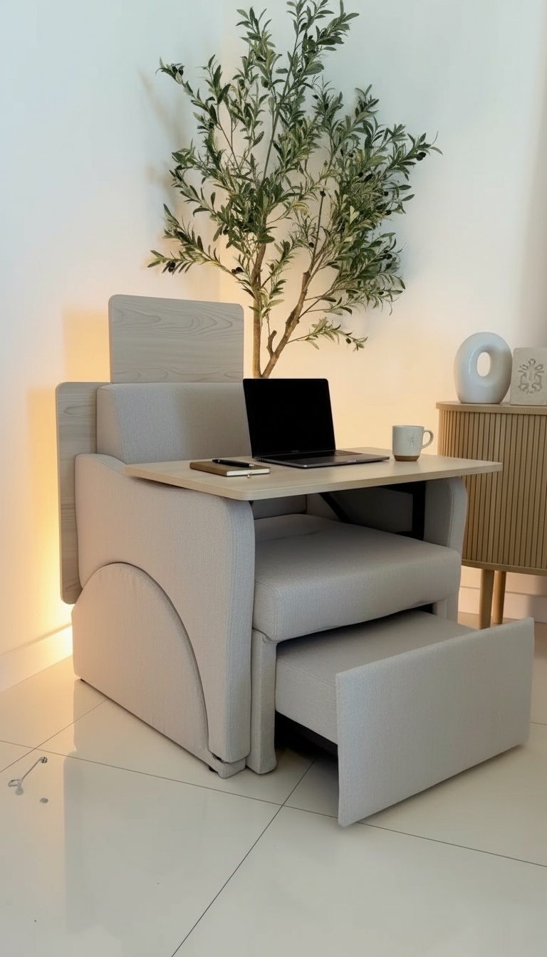 Poltrona transformável em sala com portátil e café