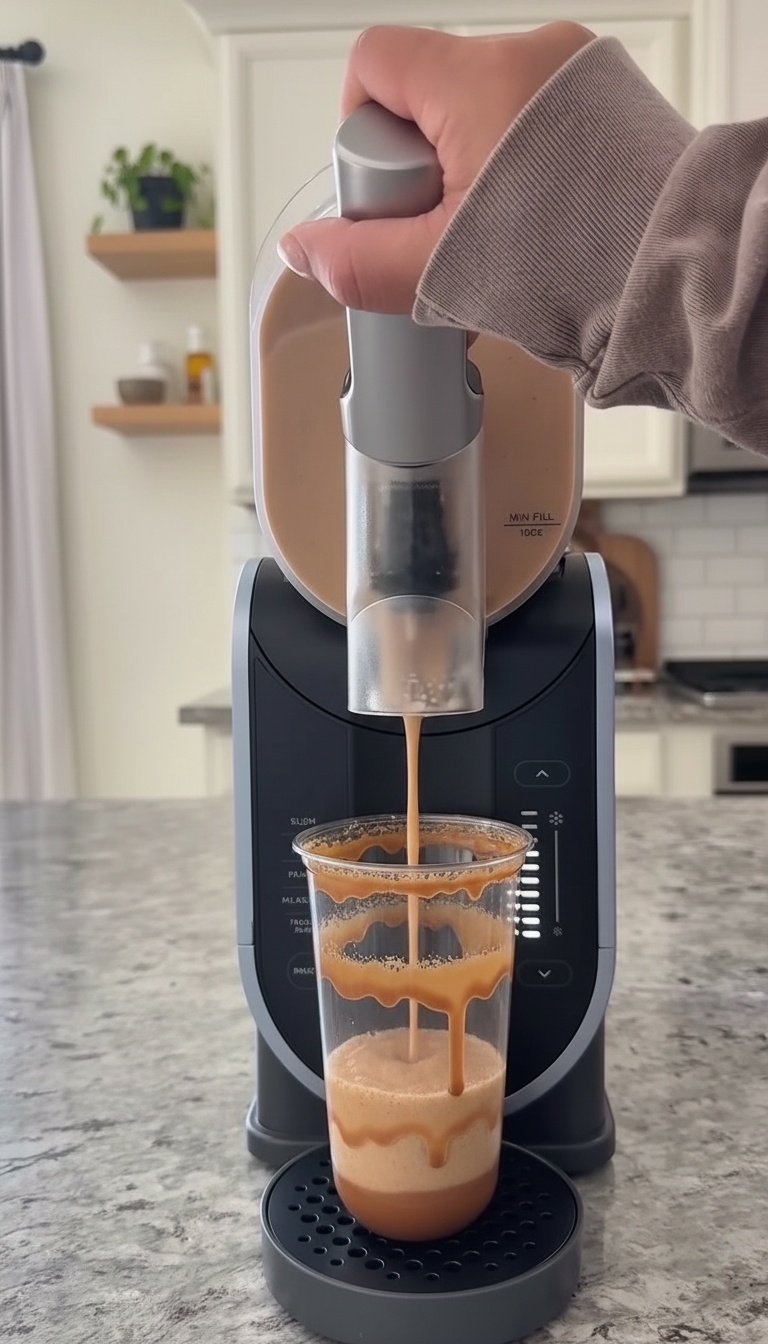 Máquina de bebidas geladas a servir um copo numa cozinha luminosa