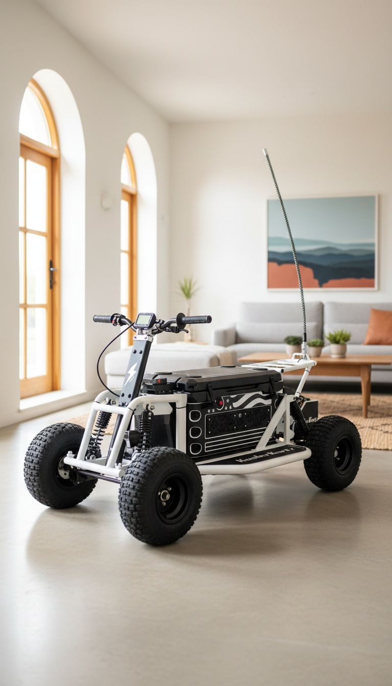Mini buggy elétrico num ambiente moderno e luminoso, pronto a sair